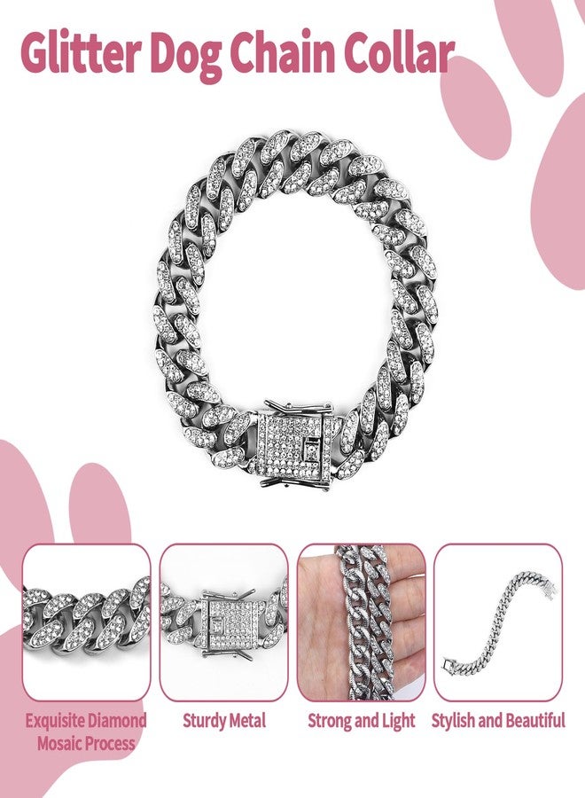 OXDFK Cuban Dog Chain Collars, Silver Crystal Pet Necklace, Metal Pet Necklace with Safety Buckle Lock, for Small Medium Large Dogs Cats (10 Inch) - Image 4